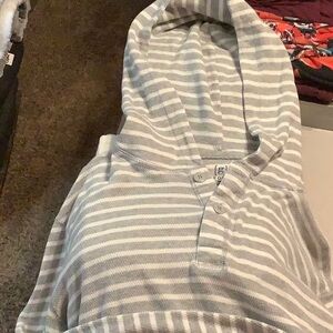 Gray and white striped hooded sweater